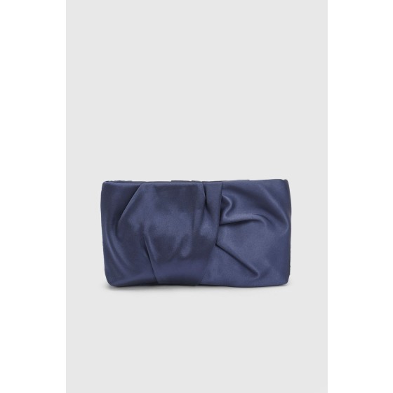 Navy Ruched Satin Clutch Bag With Removable Shoulder Strap