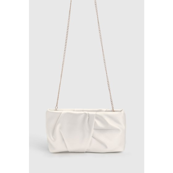 White Ruched Satin Clutch Bag With Removable Shoulder Strap
