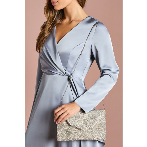 Pearl Beaded Scallop Clutch Bag With Shoulder Strap