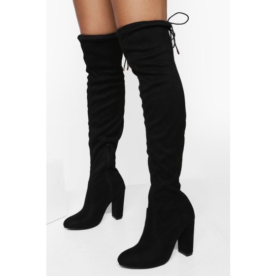 Block Heel Tie Faux Suede Thigh High Boots