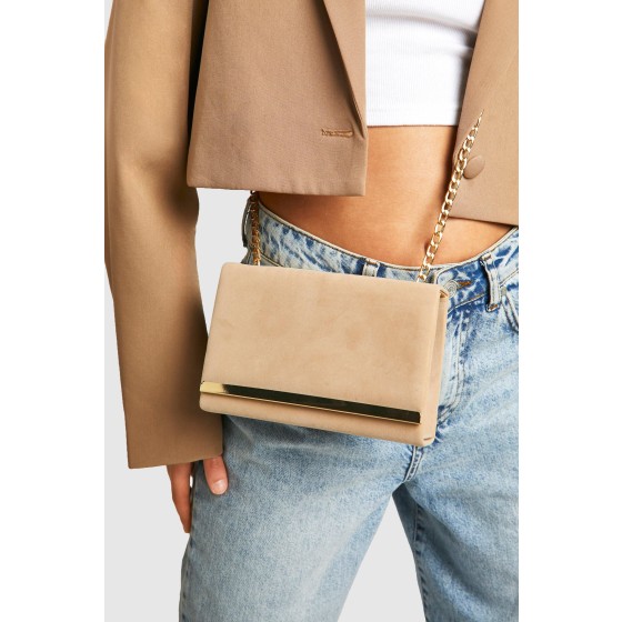 Structured Suedette Clutch Bag and Chain
