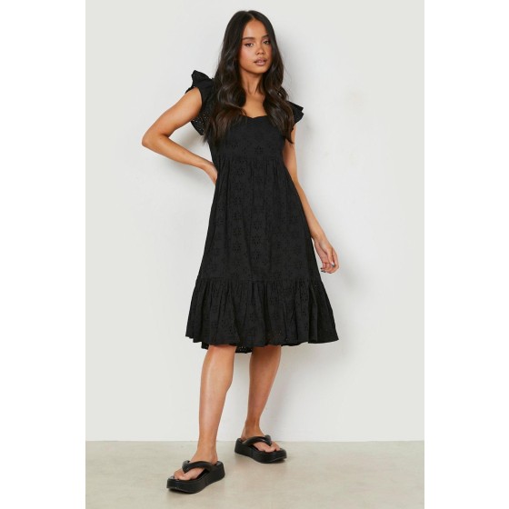 Petite Broderie Puff Sleeve Bardot Midi Dress