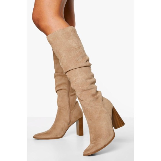 Faux Suede Ruched Block Heel Knee High Boot
