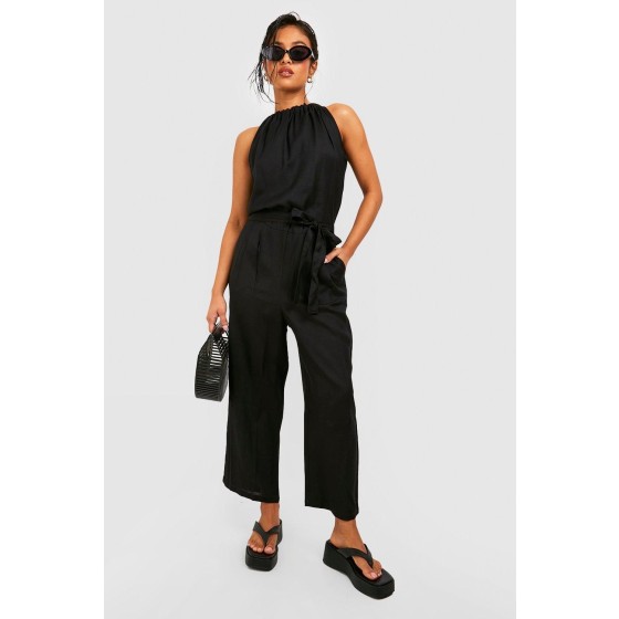 Petite Belted Halter Linen Look Culotte Jumpsuit