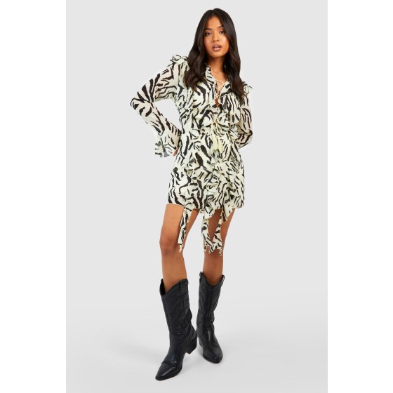 Petite Zebra Ruffle Boho Mini Dress