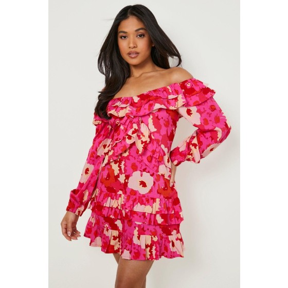 Petite Floral Off Shoulder Ruffle Mini Dress