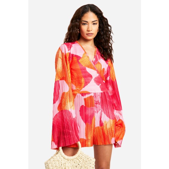 Petite Plisse Floral Printed Flare Sleeve Playsuit