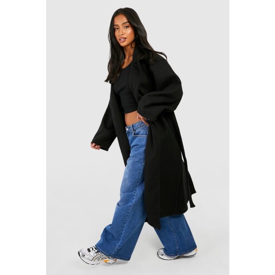 Petite Oversized Belted Button Through Wool Look Coat