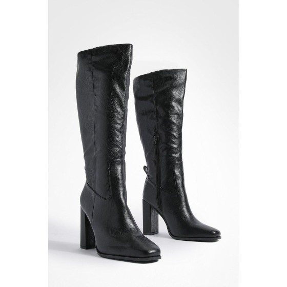Wide Fit Block Heel High Shine Knee High Boots