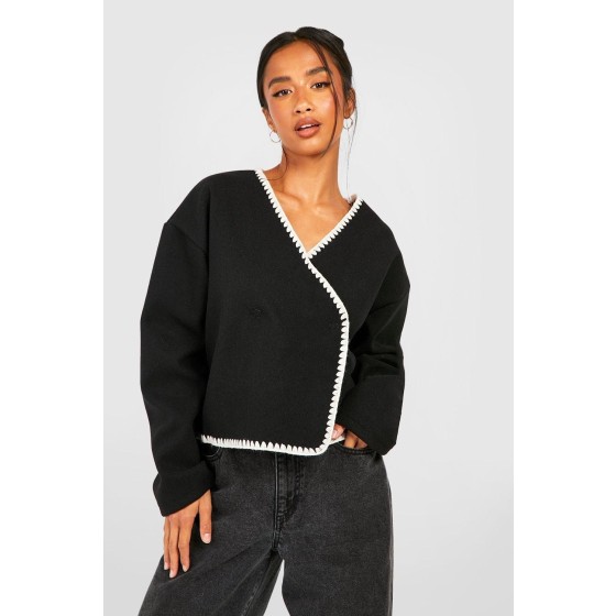 Petite Contrast Stitch Wool Look Boxy Jacket