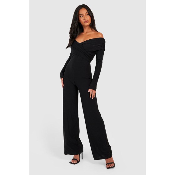Petite Premium Slinky Twist Front Bardot Jumpsuit