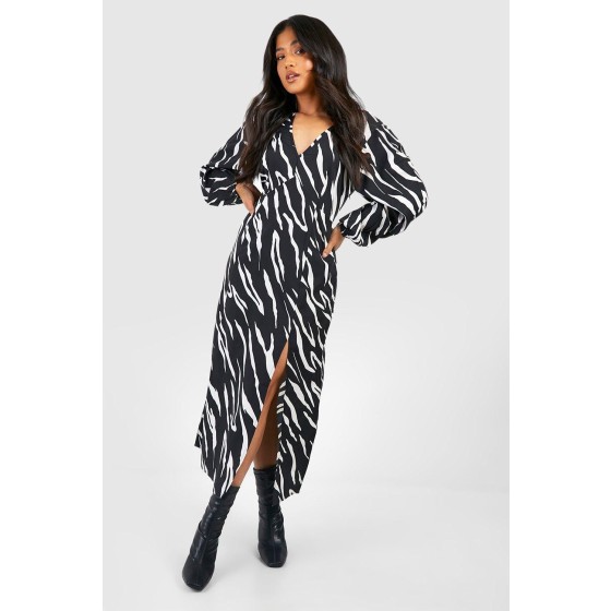 Petite Zebra Print Blouson Sleeve Midaxi Dress