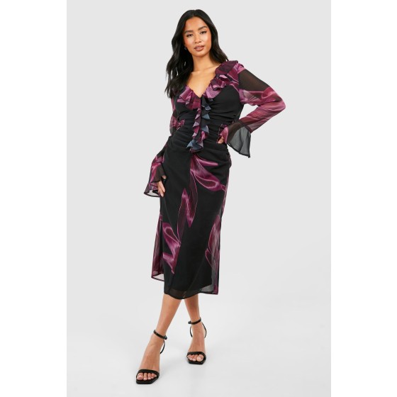Petite Dark Floral Ruffle Ruched Woven Midaxi Dress