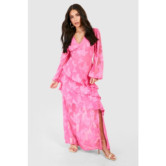 Petite Burnout Floral Frill Detail Maxi Dress