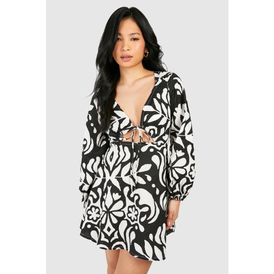 Petite Mono Printed Linen Look Mini Dress