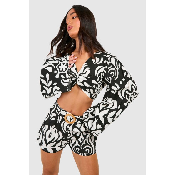 Petite Mono Print Linen Look Belted Short