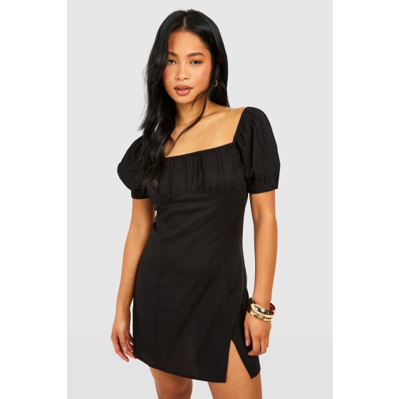 Petite Linen Look Milkmaid Mini Dress