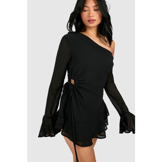 Petite Bardot Chiffon Long Sleeve Mini Dress