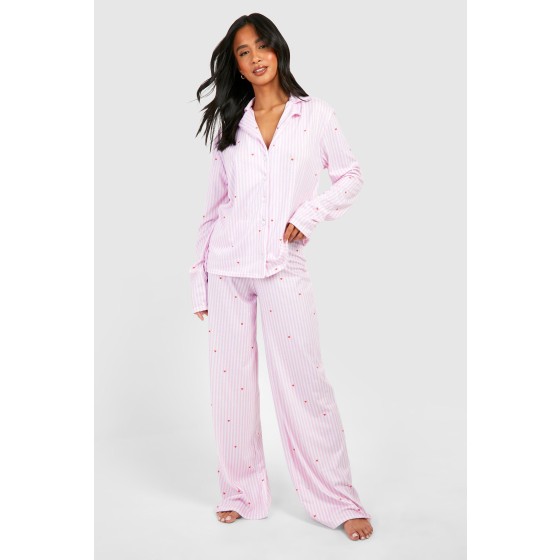 Petite Pinstripe Heart Print Long Sleeve Shirt & Trousers Pyjama Set