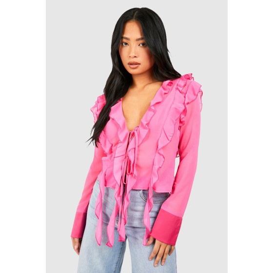 Petite Ruffle Detail Tie Front Top