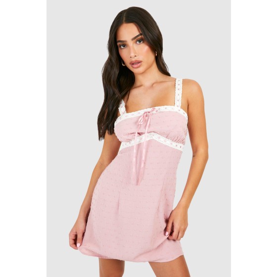 Petite Textured Woven Lace Trim Mini Dress