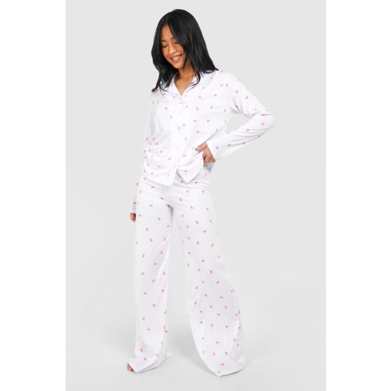 Petite Bow Print Long Sleeve Shirt & Trousers Pyjama Set