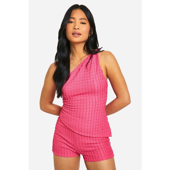 Petite Textured Twist Shoulder Asymmetric Top