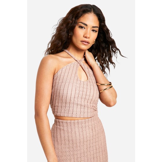 Petite Textured Halter Keyhole Crop Top