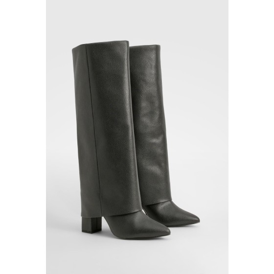 Textured Fold Over Block Knee High Boots