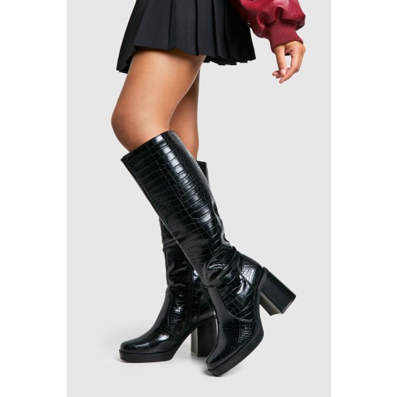 Platform Croc Block Heel Knee High Boots