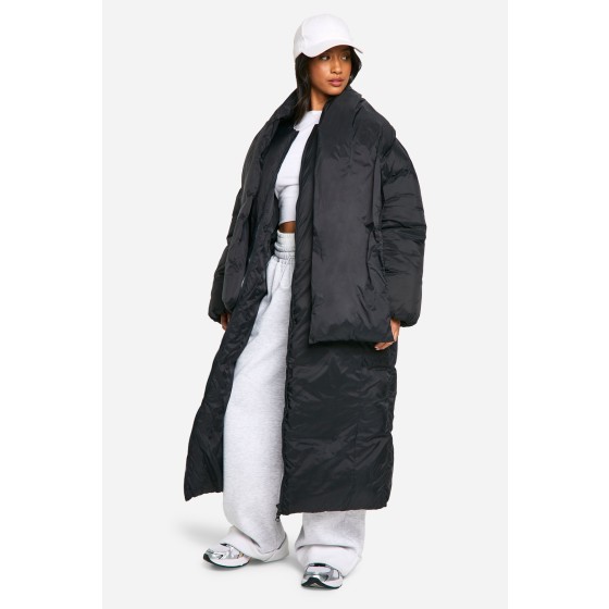 Petite 2 In 1 Longline Scarf Puffer Jacket