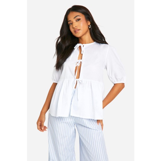 Petite Tie Front Volume Sleeve Cotton Top