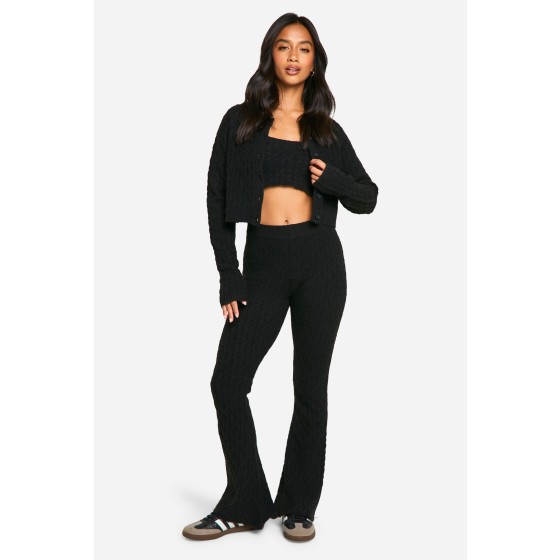 Petite Soft Cable Knitted Cardigan, Crop Top And Flare Leg Trouser 3 Piece Set
