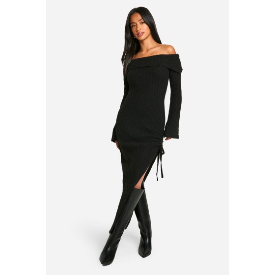 Petite Soft Cable Asymmetric Hem Bardot Maxi Dress