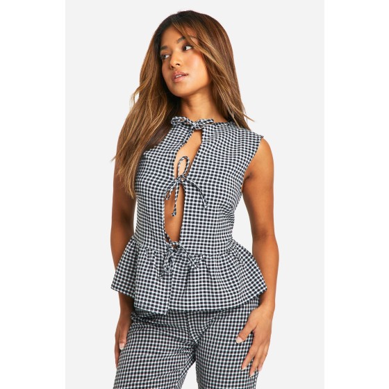 Petite Seersucker Gingham Tie Front Peplum Top