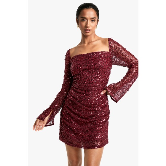 Petite Square Neck Pearl Sequin Mini Dress