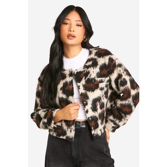 Petite Leopard Wool Look Bomber Jacket