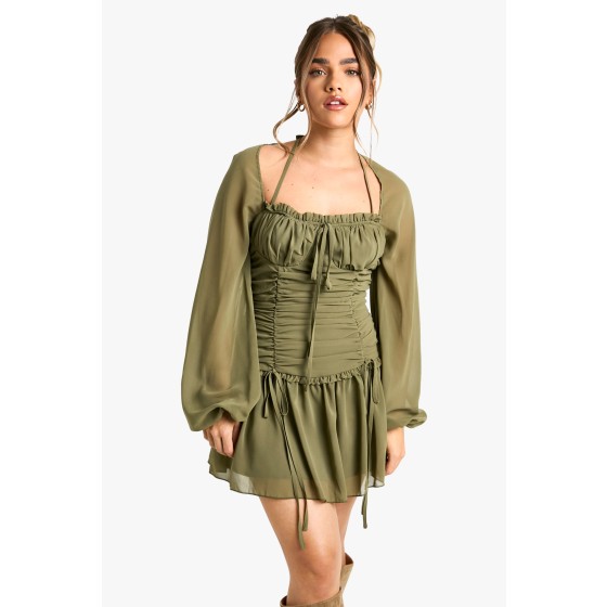 Petite Chiffon Ruched Milkmaid Skater Dress