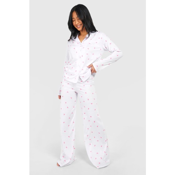 Petite Bow Print Long Sleeve Shirt & Trousers Pyjama Set