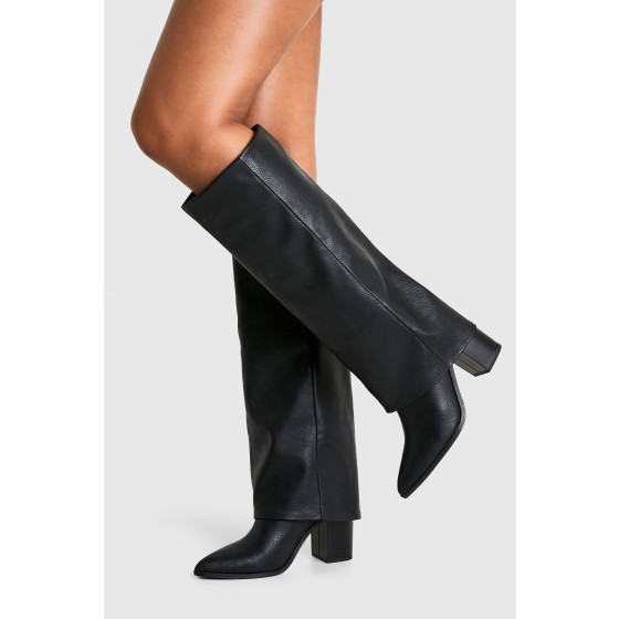 Textured Foldover Stacked Heel Knee High Boots