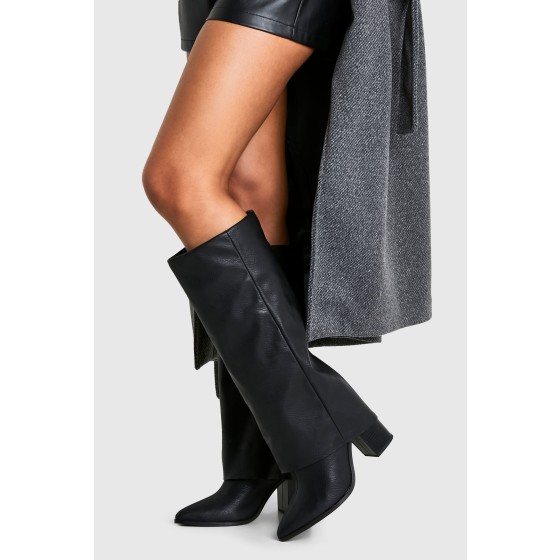 Wide Fit Textured Foldover Stacked Heel Knee High Boots