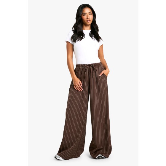 Petite Drawstring Stripe Wide Leg Trousers