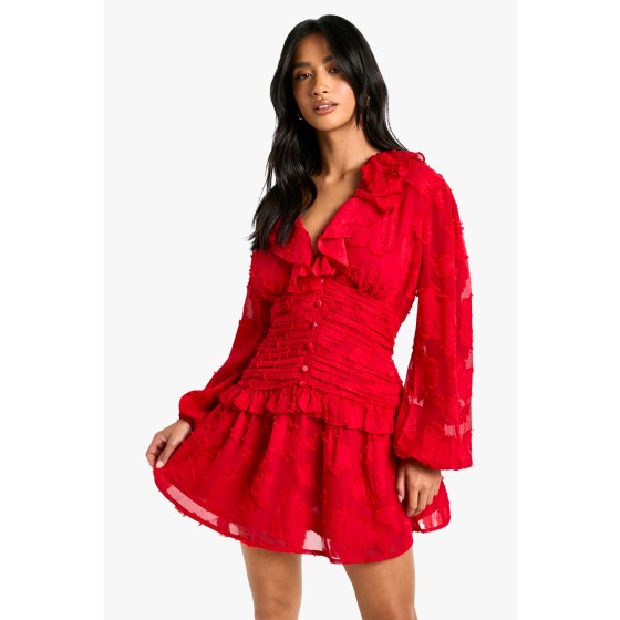 Petite Floral Burnout Ruffle Plunge Ruched Skater Dress