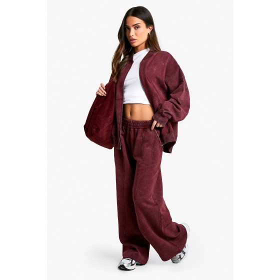 Petite Washed Zip Through Bomber Straight Leg Jogger Tracksuit