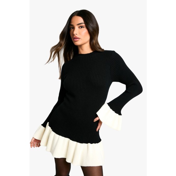 Petite Contrast Flare Sleeve Knitted Skater Dress