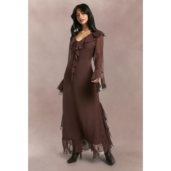 Petite Ruffle Flare Sleeve Belted Chiffon Maxi Dress