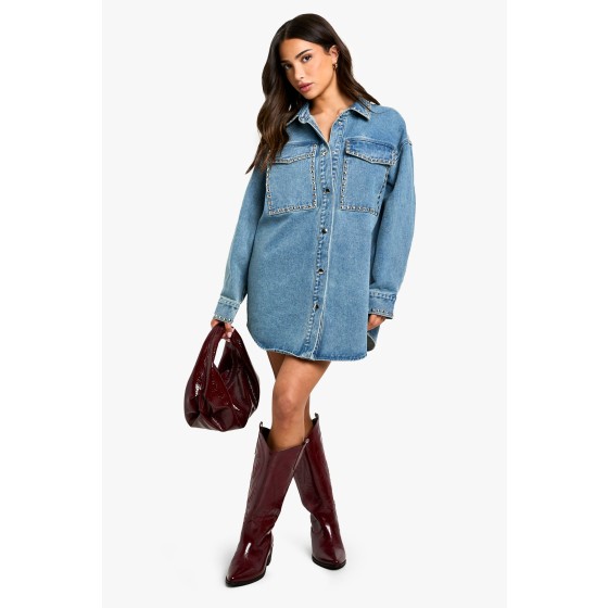 Petite Stud Detail Denim Oversized Shirt  Dress