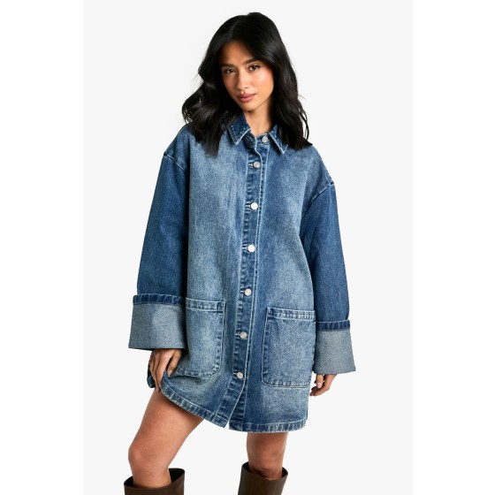 Petite Utility Turn Cuff Denim Oversized Shirt  Dress