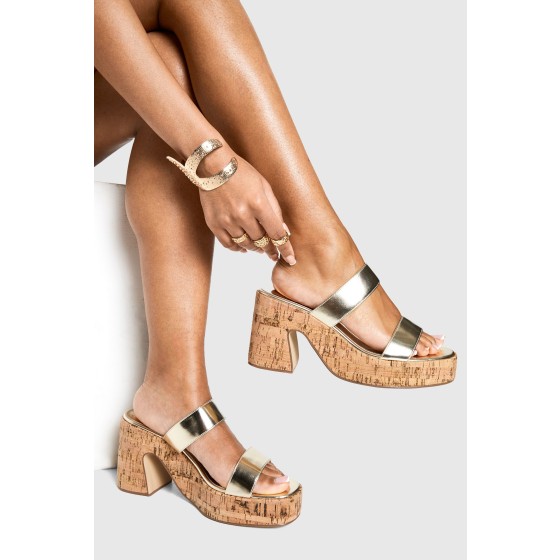 Wide Fit Double Strap Cork Platform Heeled Mules