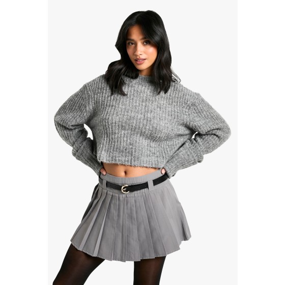 Petite Belt Detail Pleated Woven Mini Skirt